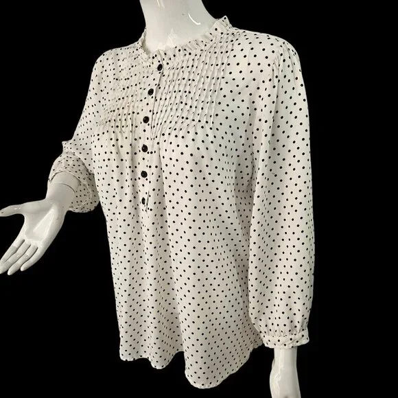 Jasmine & Juliana Long Slv White Black Polka Dot Blouse Sz L 1/2 Btn Ruffle Neck - Picture 6 of 9
